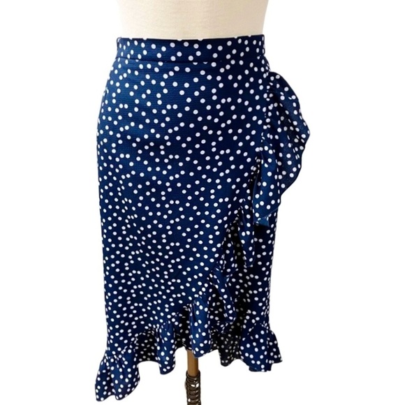 Blue Rain Dresses & Skirts - BLUE RAIN Faux Wrap Skirt Women’s SIZE XS Navy/White Polka Dot Ruffle Stretch